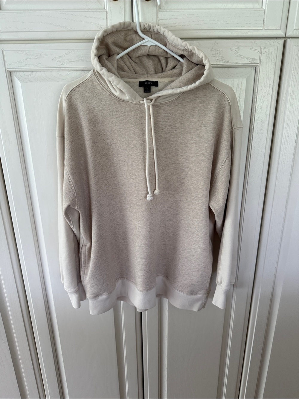 J Crew two toned hooded pullover sweatshirt , cream and heather beige